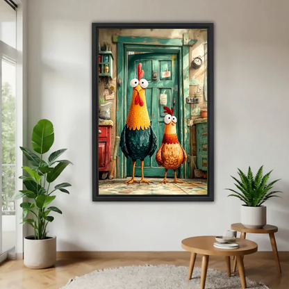 funny rooster pair canvas wall art framed above a wooden table beside green plants and stools.