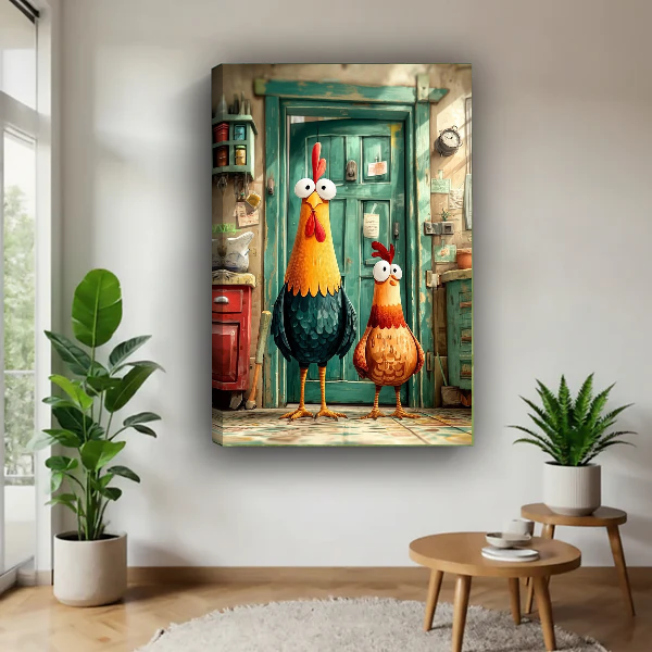 funny rooster pair canvas wall art unframed above a wooden table beside green plants and stools.