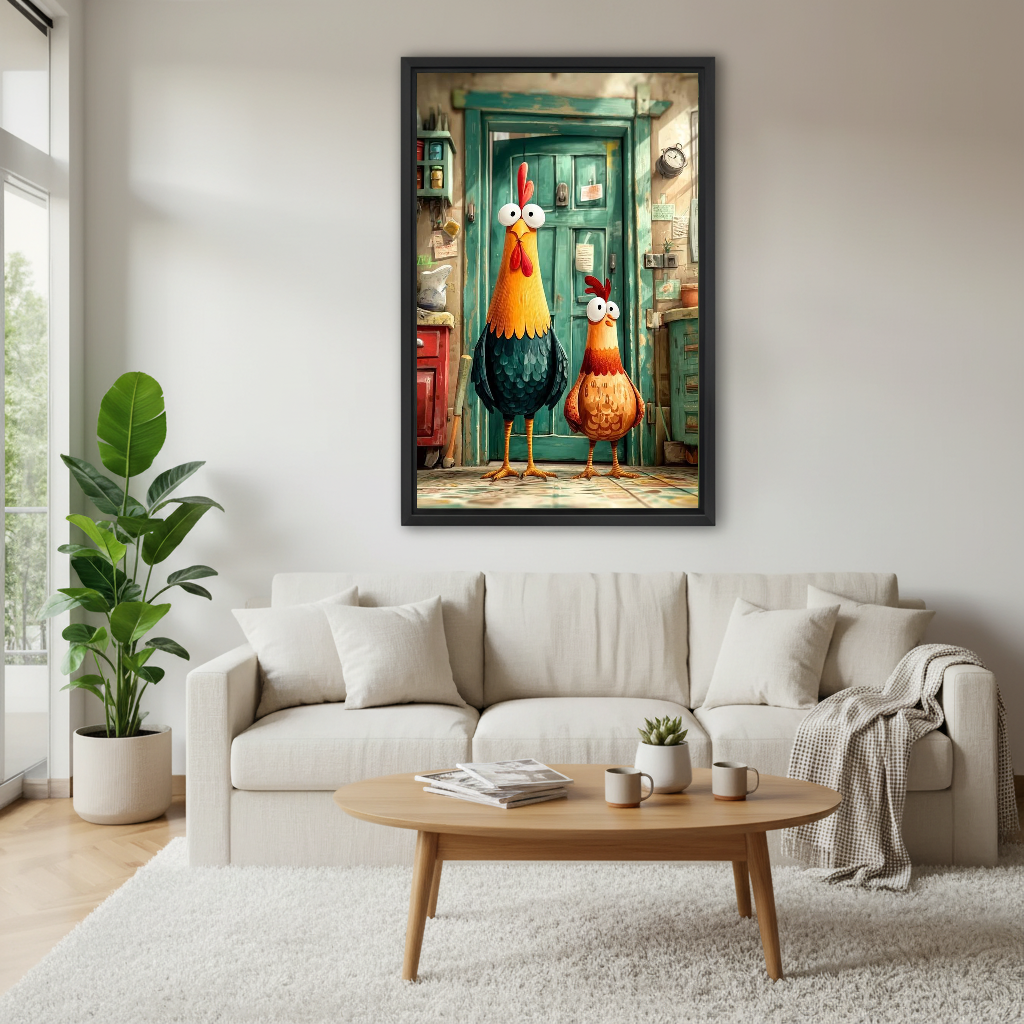 funny rooster pair canvas wall art framed above a white sofa with plants and round coffee table.
