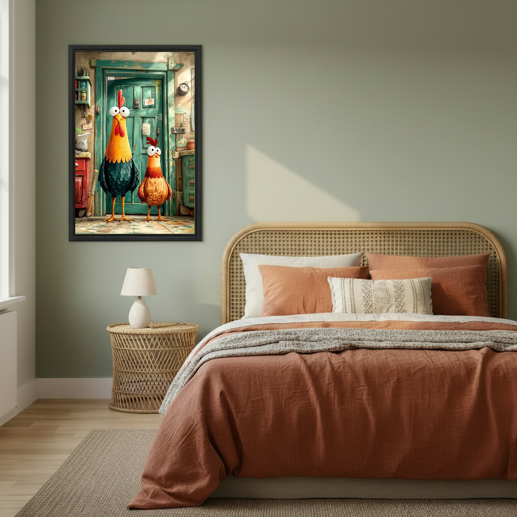 funny rooster pair canvas wall art framed above a copper bed against a muted green wall.