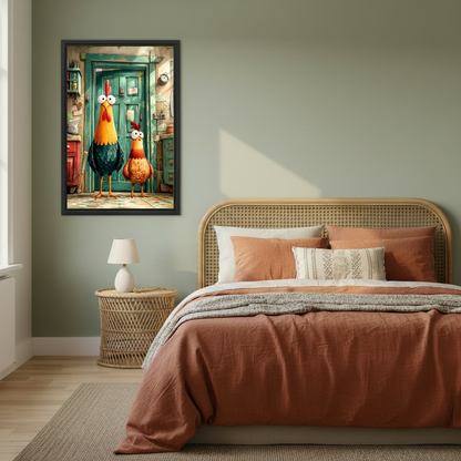funny rooster pair canvas wall art framed above a copper bed against a muted green wall.