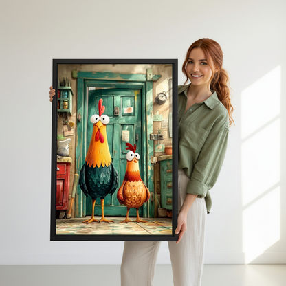 funny rooster pair canvas wall art framed as a woman in green holds the artwork indoors.