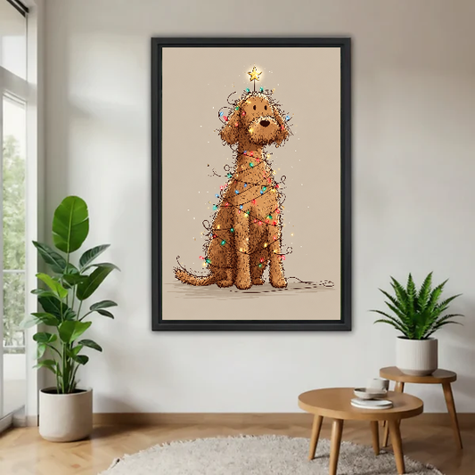christmas lights dog canvas wall art framed above a wooden table beside green plants and stools.