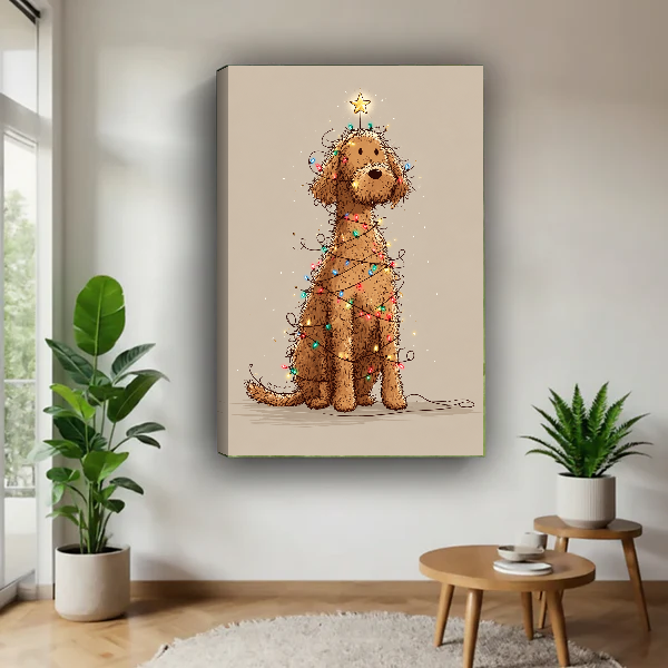 christmas lights dog canvas wall art unframed above a wooden table beside green plants and stools.