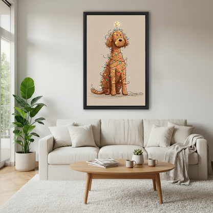 christmas lights dog canvas wall art framed above a white sofa with plants and round coffee table.