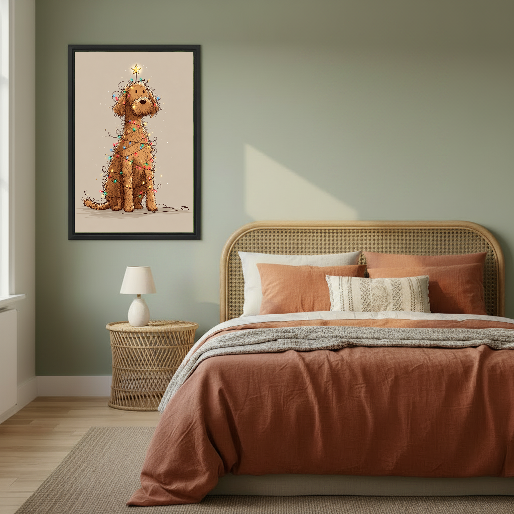 christmas lights dog canvas wall art framed above a copper bed against a muted green wall.