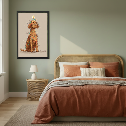 christmas lights dog canvas wall art framed above a copper bed against a muted green wall.