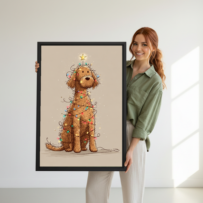 christmas lights dog canvas wall art framed as a woman in green holds the artwork indoors.