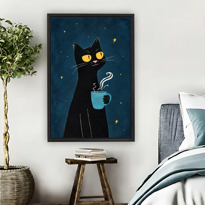 starry coffee cat canvas wall art framed beside a blue bed with books and a leafy plant.