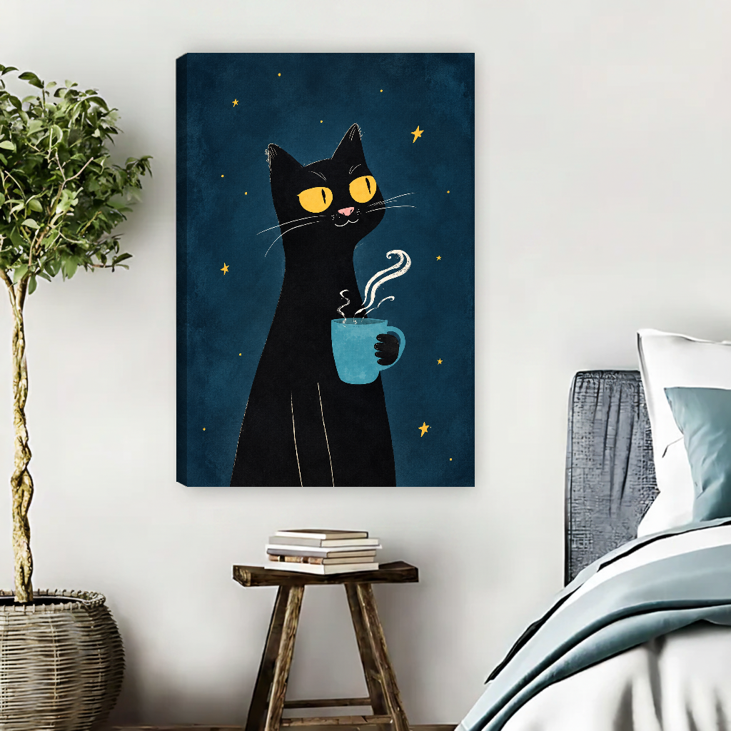 starry coffee cat canvas wall art unframed beside a blue bed with books and a leafy plant.