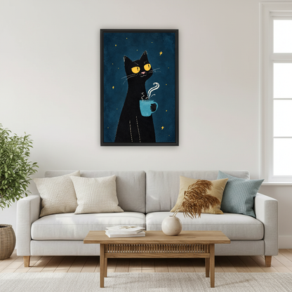 starry coffee cat canvas wall art framed above a light gray sofa and wooden coffee table.