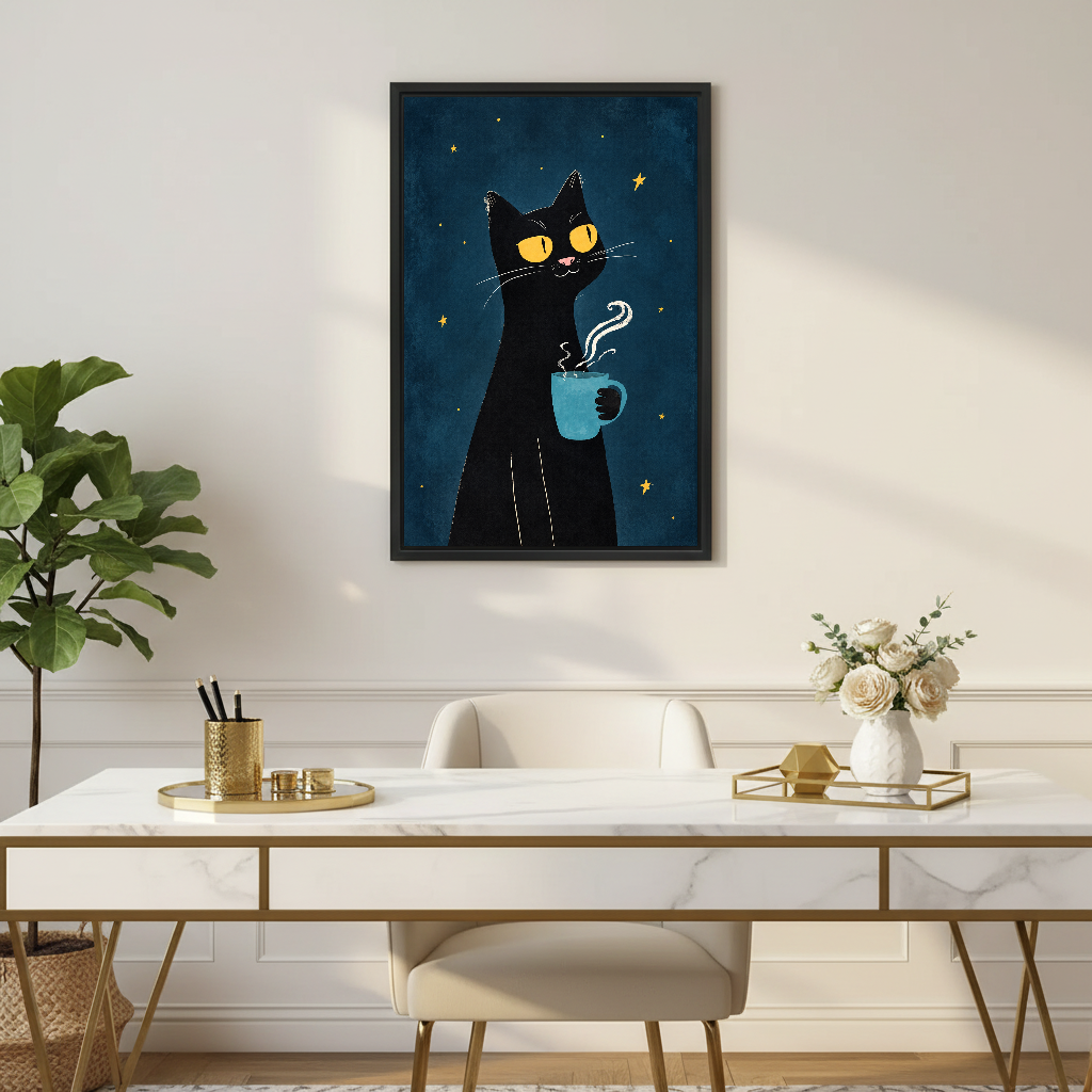 starry coffee cat canvas wall art framed above a white desk with flowers and white chair.