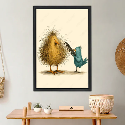 funny bird hairday canvas wall art framed above a light wood console with cacti and basket.