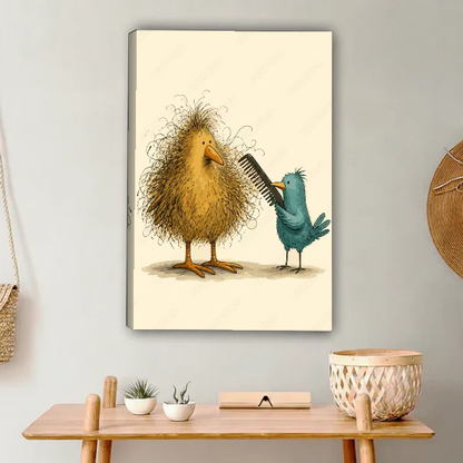 funny bird hairday canvas wall art unframed above a light wood console with cacti and basket.