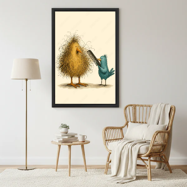funny bird hairday canvas wall art framed beside a wicker armchair with floor lamp and small table.