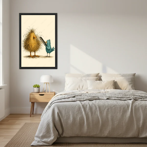 funny bird hairday canvas wall art framed above a neutral cream bed with wooden nightstands.