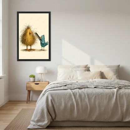 funny bird hairday canvas wall art framed above a neutral cream bed with wooden nightstands.