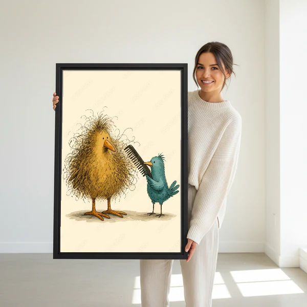 funny bird hairday canvas wall art framed as a woman dressed in white holds the artwork.