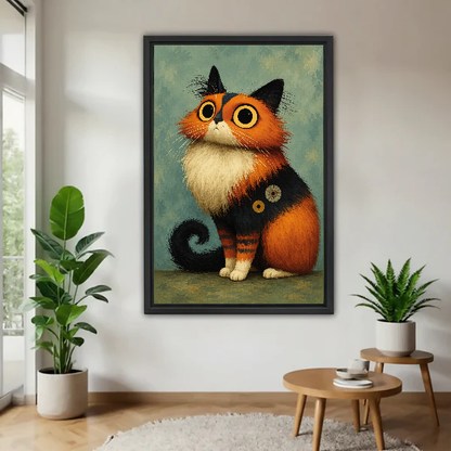 wide eyed calico canvas wall art framed above a wooden table beside green plants and stools.
