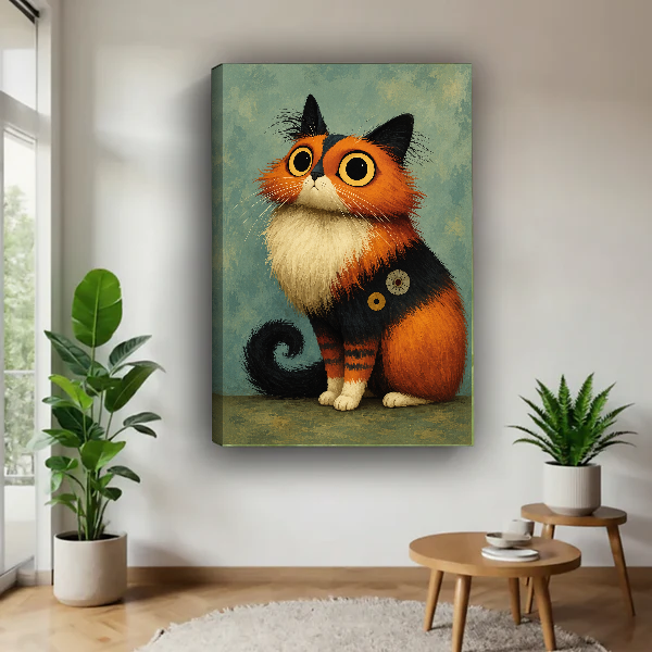 wide eyed calico canvas wall art unframed above a wooden table beside green plants and stools.