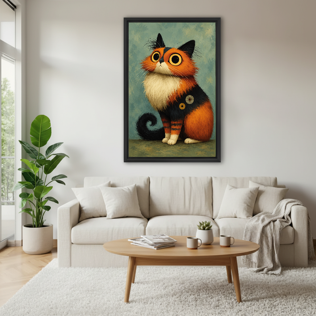 wide eyed calico canvas wall art framed above a white sofa with plants and round coffee table.