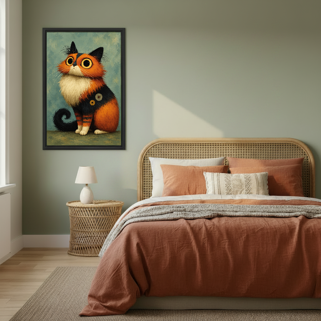wide eyed calico canvas wall art framed above a copper bed against a muted green wall.