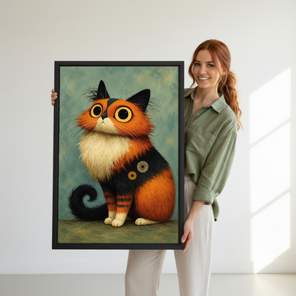 wide eyed calico canvas wall art framed as a woman in green holds the artwork indoors.