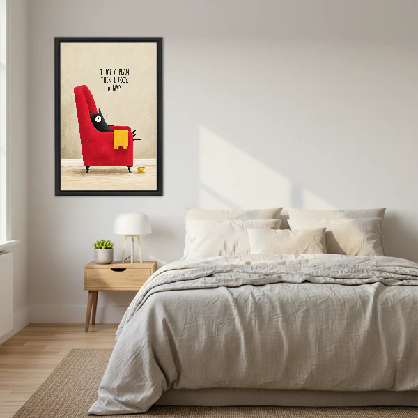 funny napping cat canvas wall art framed above a neutral cream bed with wooden nightstands.