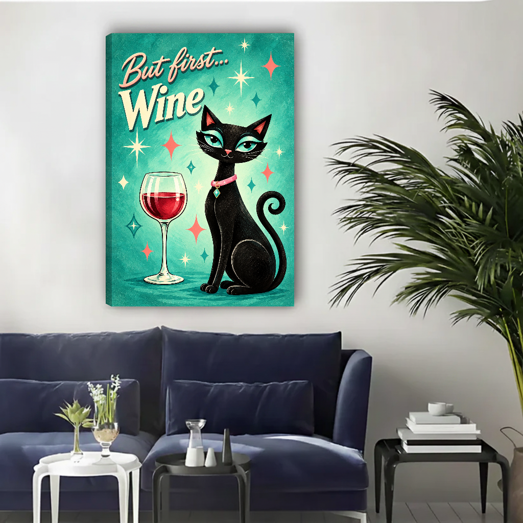 retro wine cat canvas wall art unframed above a navy sofa beside an indoor palm.