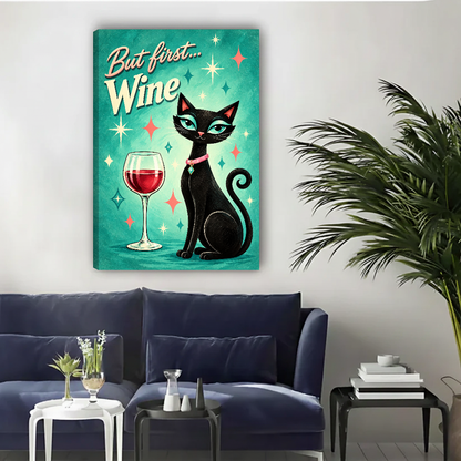 retro wine cat canvas wall art unframed above a navy sofa beside an indoor palm.