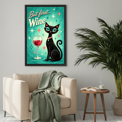 retro wine cat canvas wall art framed above a cream armchair with a green knitted blanket.