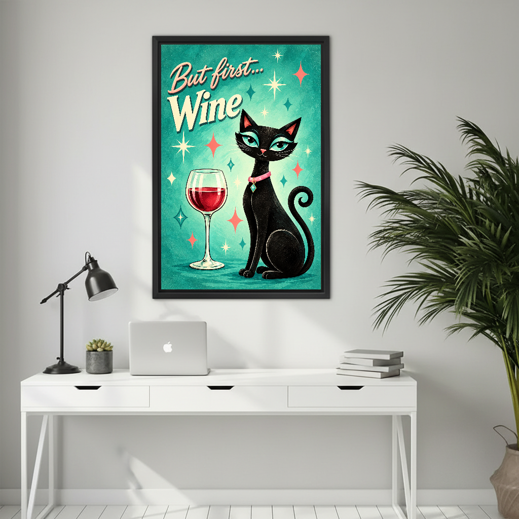 retro wine cat canvas wall art framed above a white desk with laptop and black lamp.