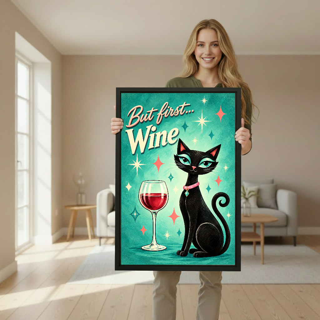 retro wine cat canvas wall art framed as a woman holds the artwork in a neutral room.