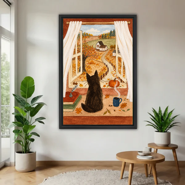 autumn window cat canvas wall art framed above a wooden table beside green plants and stools.