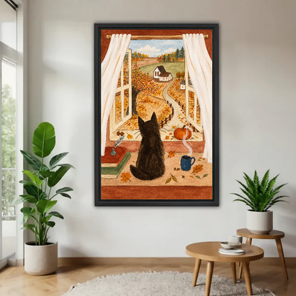 autumn window cat canvas wall art framed above a wooden table beside green plants and stools.