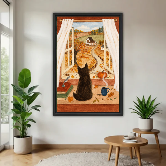 autumn window cat canvas wall art framed above a wooden table beside green plants and stools.