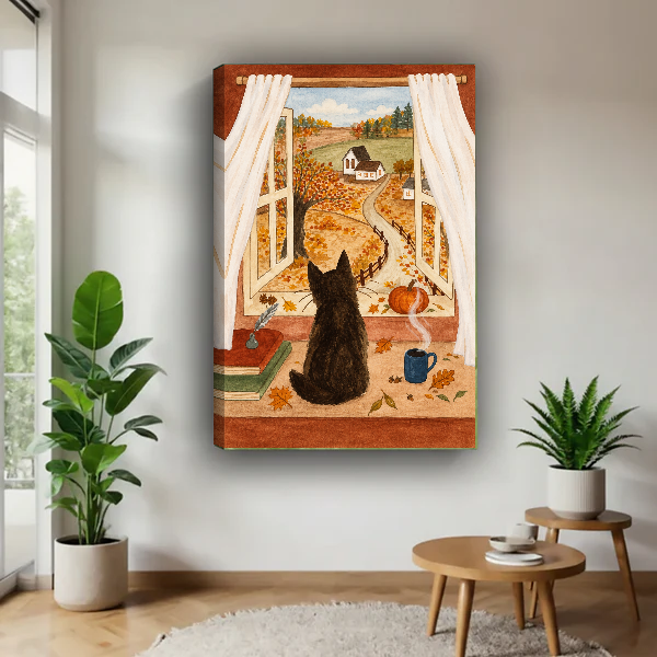 autumn window cat canvas wall art unframed above a wooden table beside green plants and stools.