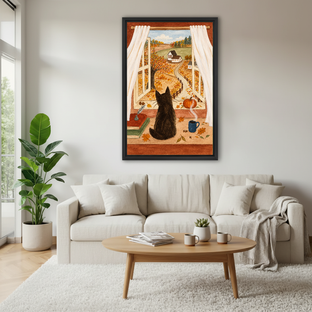 autumn window cat canvas wall art framed above a white sofa with plants and round coffee table.