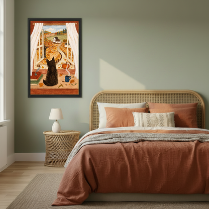 autumn window cat canvas wall art framed above a copper bed against a muted green wall.