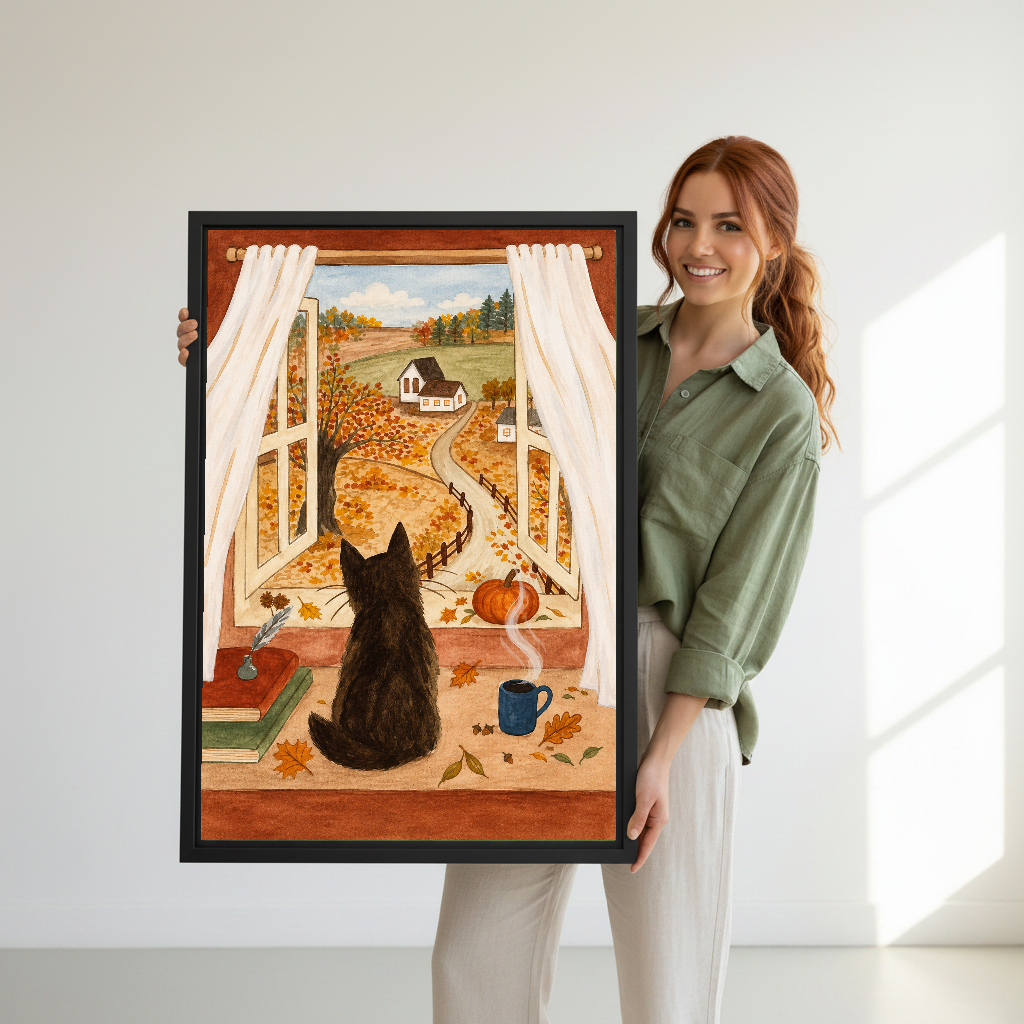 autumn window cat canvas wall art framed as a woman in green holds the artwork indoors.