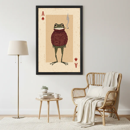 whimsical frog card canvas wall art framed beside a wicker armchair with floor lamp and small table.
