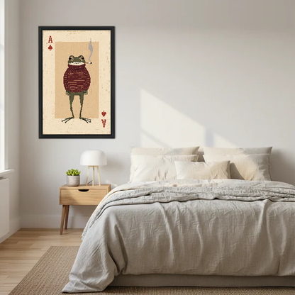 whimsical frog card canvas wall art framed above a neutral cream bed with wooden nightstands.