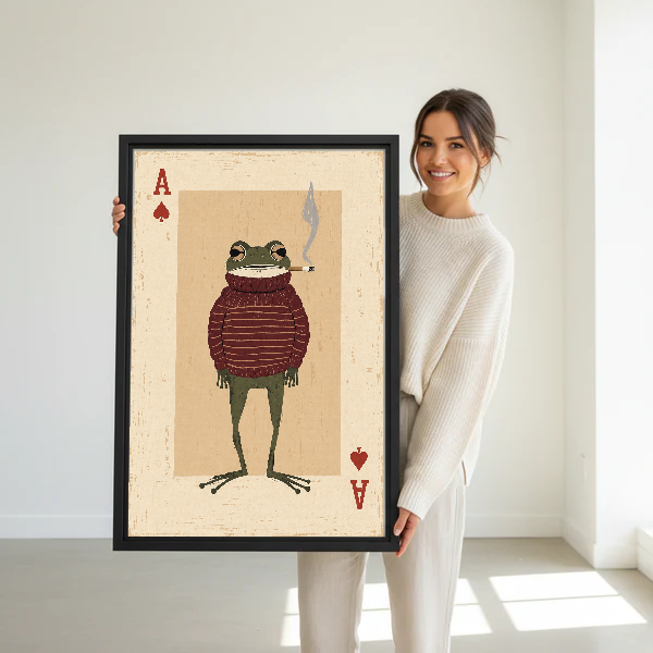 whimsical frog card canvas wall art framed as a woman dressed in white holds the artwork.