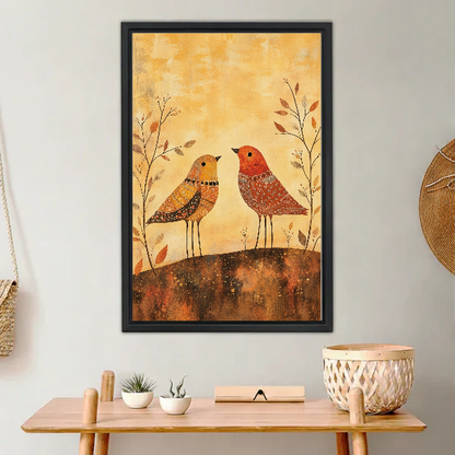 folk autumn birds canvas wall art framed above a light wood console with cacti and basket.