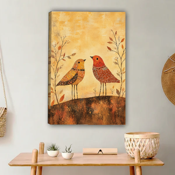 folk autumn birds canvas wall art unframed above a light wood console with cacti and basket.