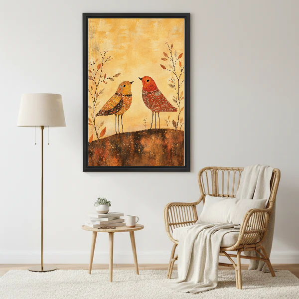 folk autumn birds canvas wall art framed beside a wicker armchair with floor lamp and small table.