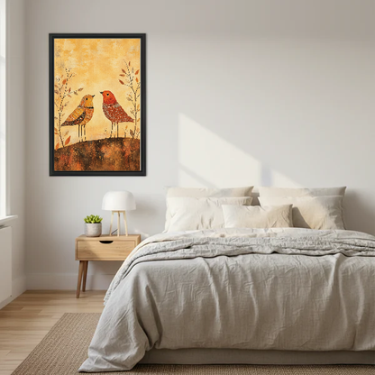 folk autumn birds canvas wall art framed above a neutral cream bed with wooden nightstands.