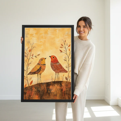 folk autumn birds canvas wall art framed as a woman dressed in white holds the artwork.