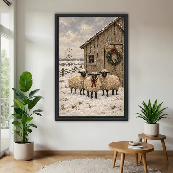 winter barn sheep canvas wall art framed above a wooden table beside green plants and stools.