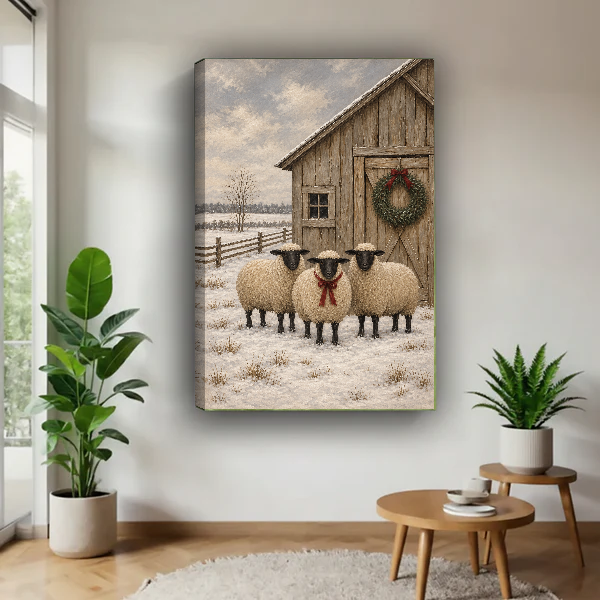 winter barn sheep canvas wall art unframed above a wooden table beside green plants and stools.